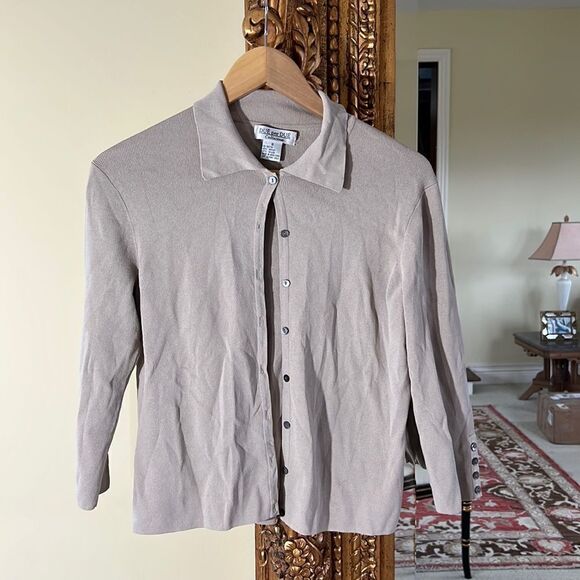 Womens Tan Long Sleeve Button Up Ribbed Cardigan Shell Buttons Stone - Picture 1 of 4